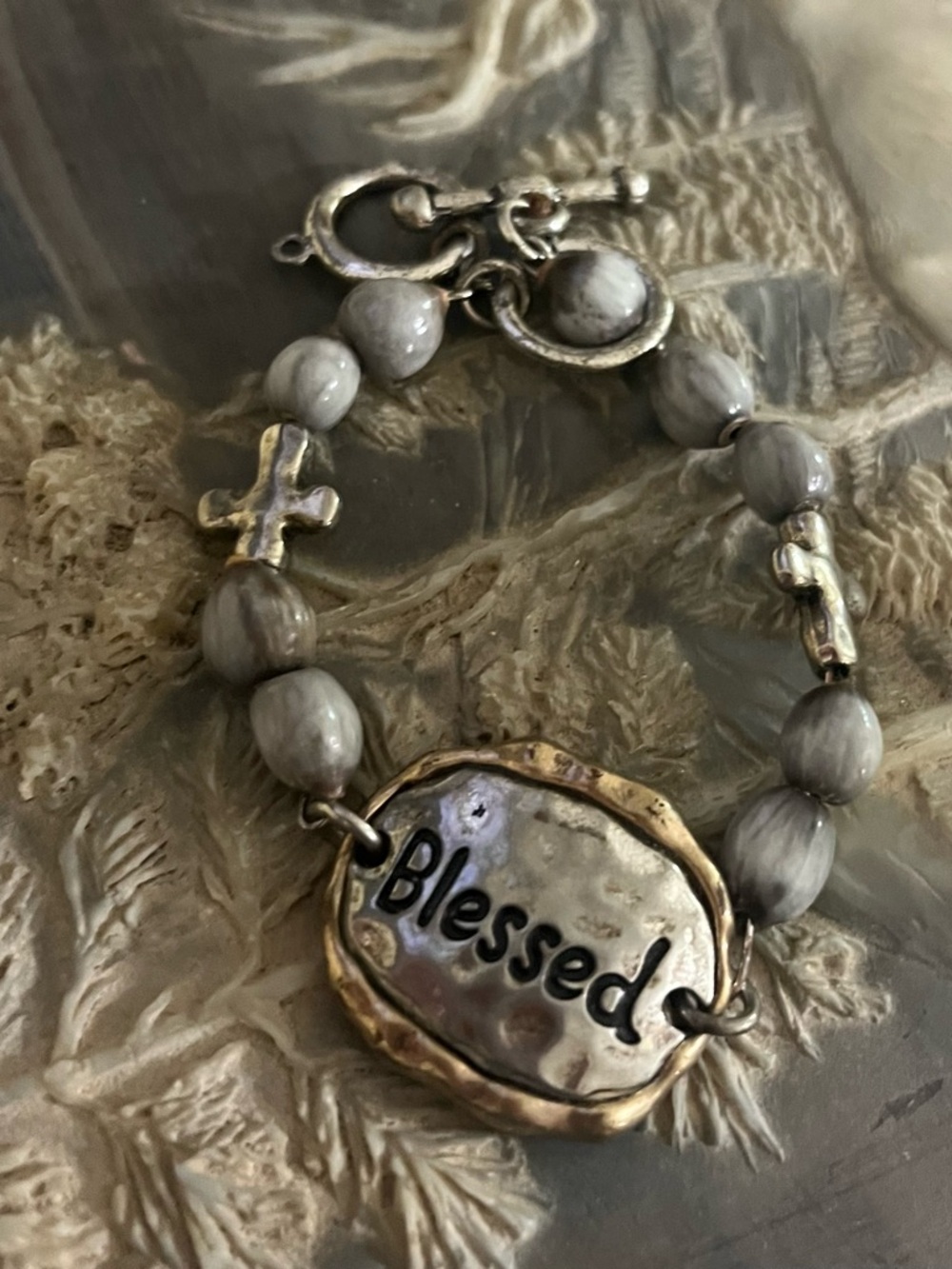 NWOT ‘Blessed’ JOB’S TEARS Bead Bracelet with Cross Accents - Gray